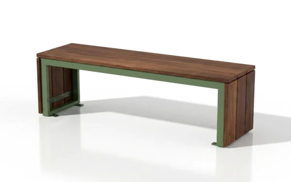 Hanover Backless Bench with double waterfall wood ends and sage green steel frame