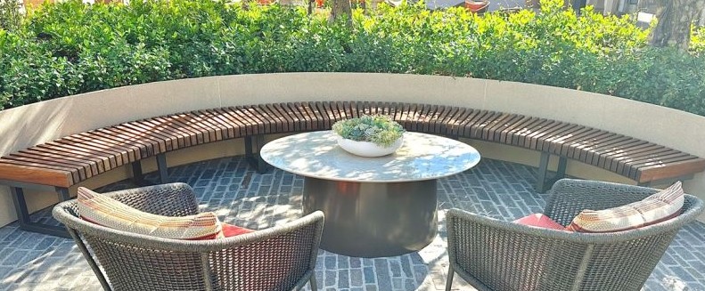 Curved Ipe 32 Ground Mounted Bench on concrete