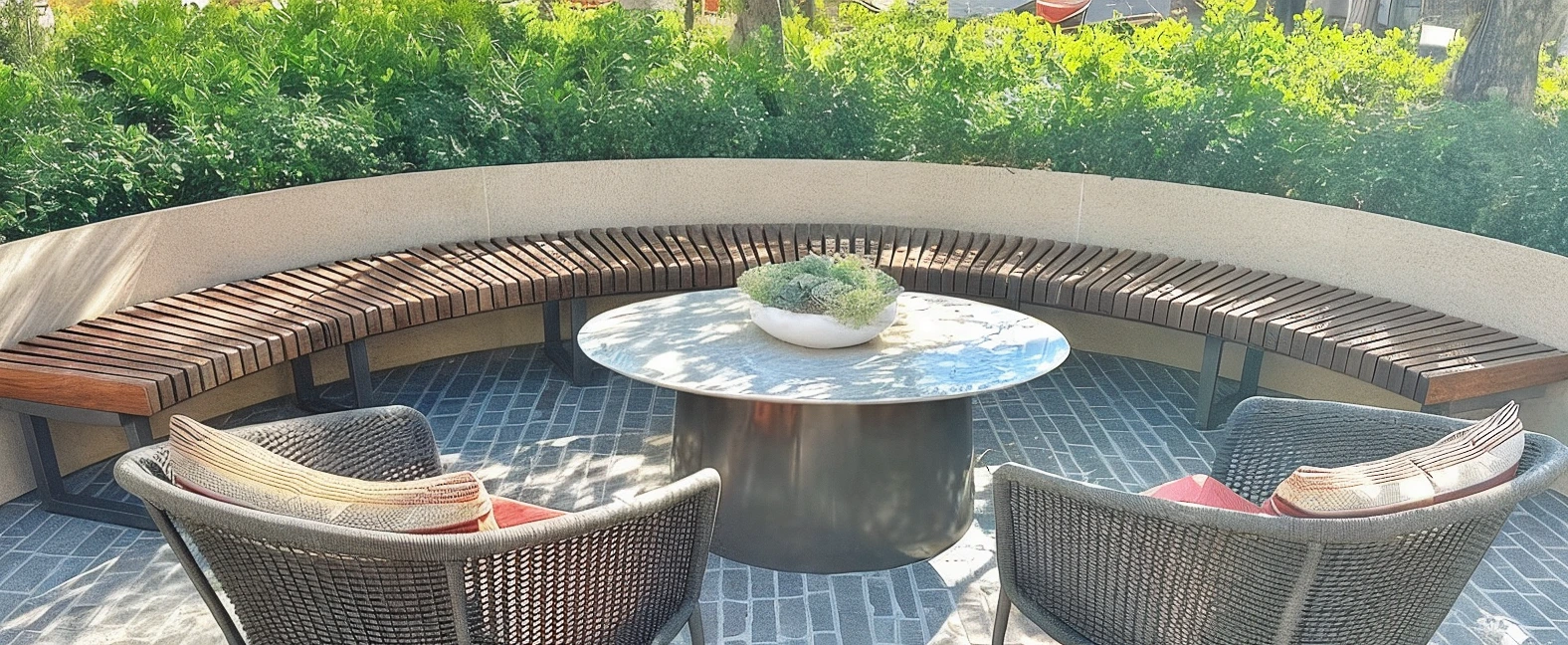 Curved BraunMark ground-mounted bench wrapping a paver terrace with a fire table and lounge chairs