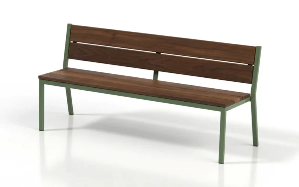 Hanover Bench, a backed outdoor bench with wood slats on a powder coated steel frame