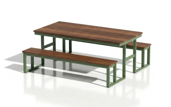 Hanover Connected Picnic Table with attached bench seats and sage green steel frame