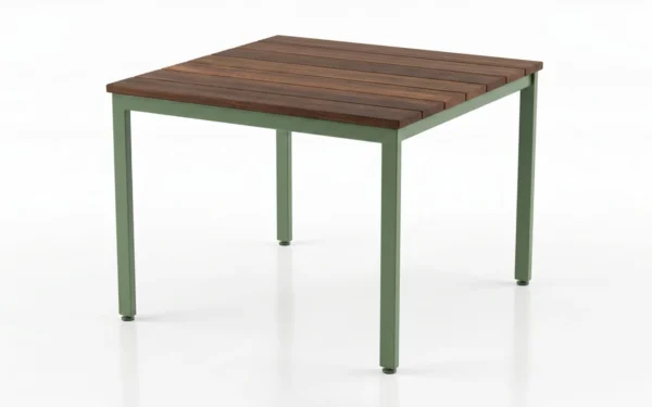 Hanover Dining Table with square wood top and sage green powder coated steel frame