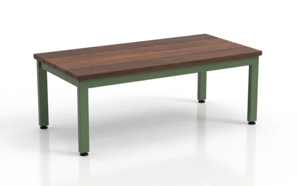 Hanover Coffee Table, a low outdoor table with a wood slat top on a powder coated steel frame