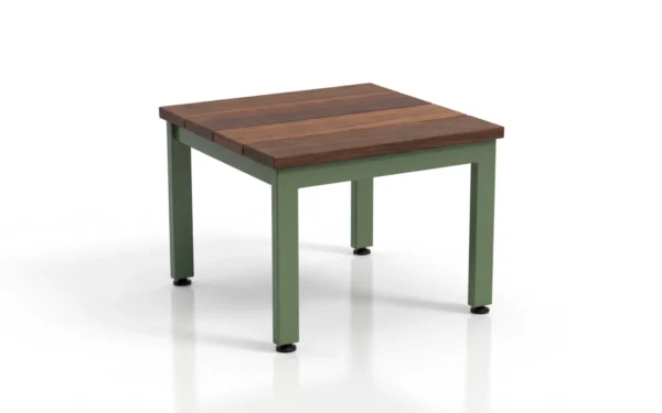 Hanover End Table, a square outdoor side table with a wood slat top on a powder coated steel frame
