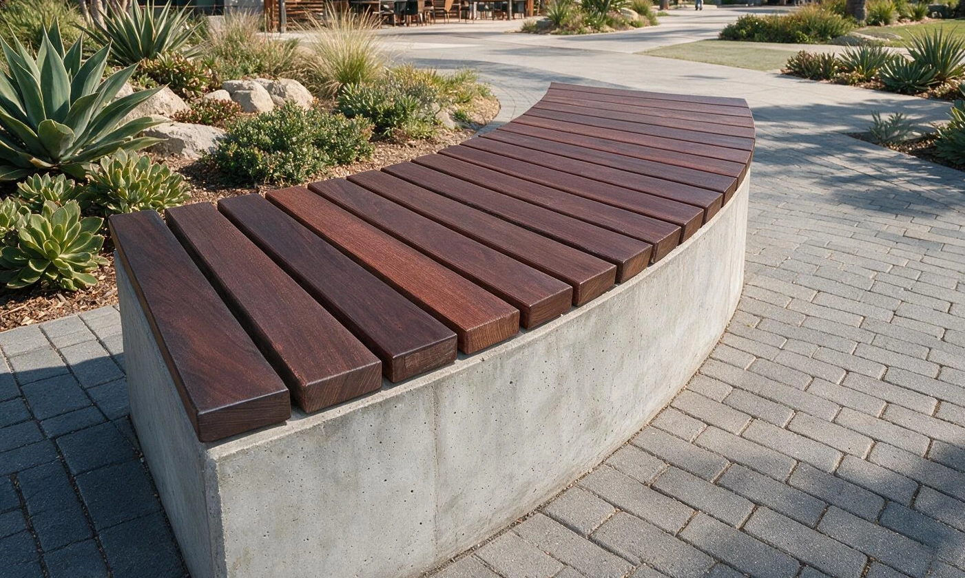 Curved BraunMark seatwall bench with Ipe slats capping a concrete seatwall in a paver plaza